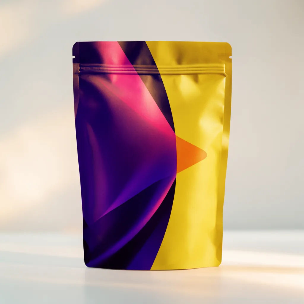 Stand up pouch with applied artwork on a clean white studio surface