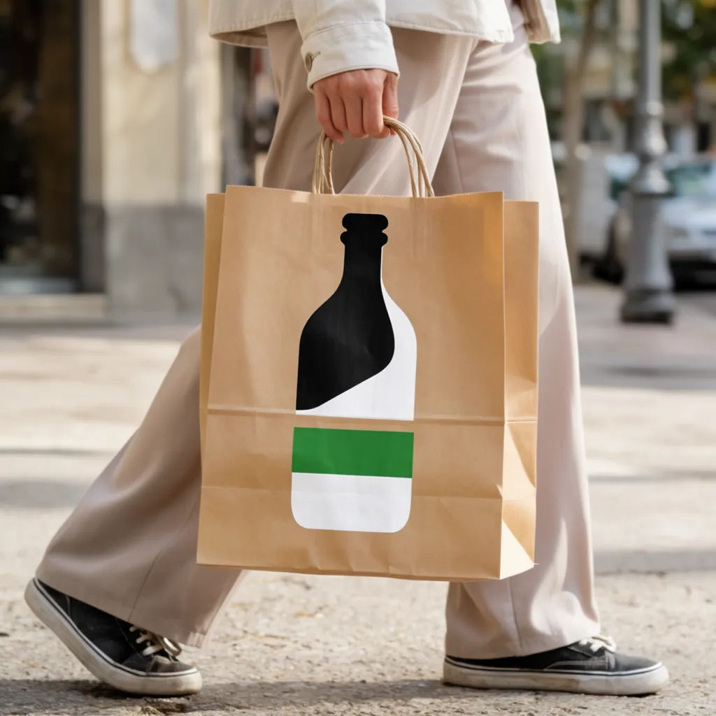 Kraft paper bag with a printed logo carried on a sunlit street