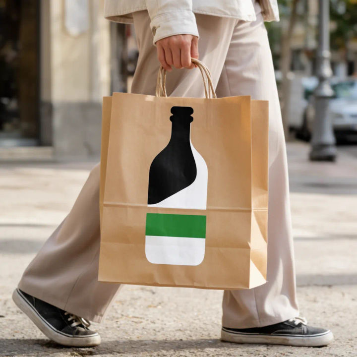 Sacola de papel kraft com logo estampado, carregada em uma rua ensolarada