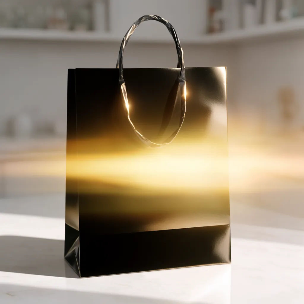 Glossy black retail bag with branding on a marble counter