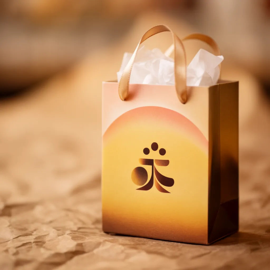 Small gift bag with ribbon handles and tissue, with a printed design