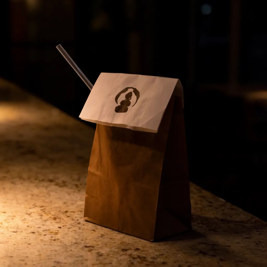 Folded takeaway food bag with a logo on a cafe counter