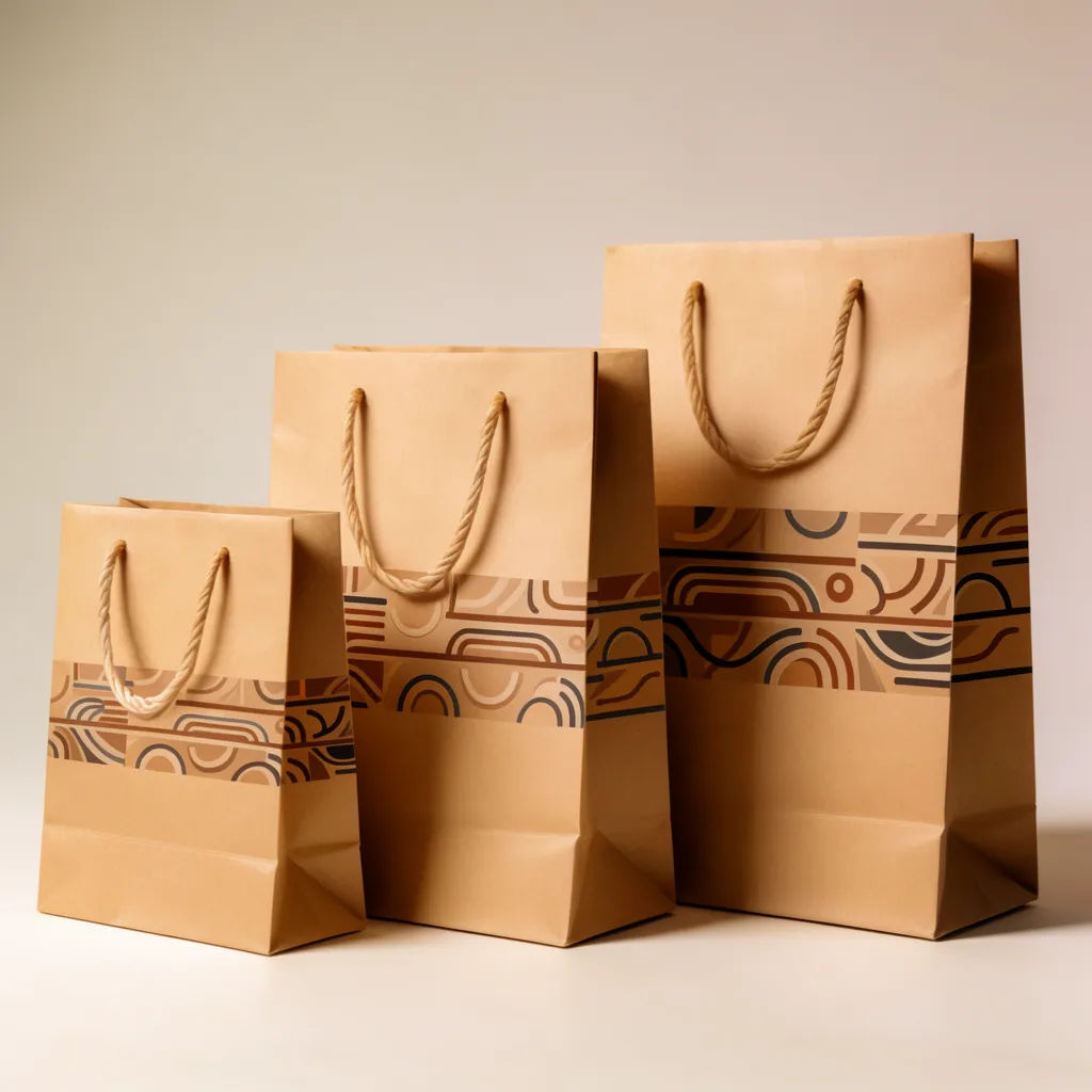 Three sizes of a branded paper bag lined up on a neutral backdrop