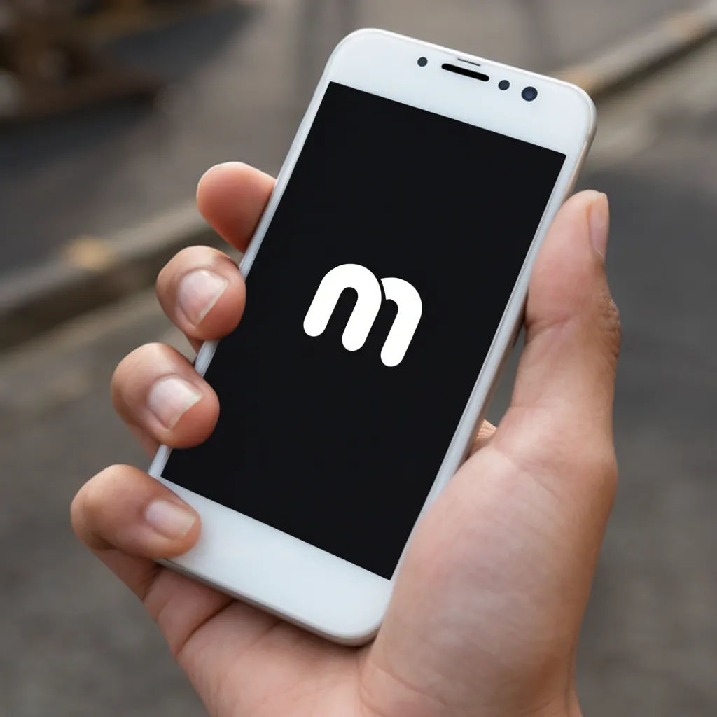 Modern phone held in one hand outdoors showing an app screen