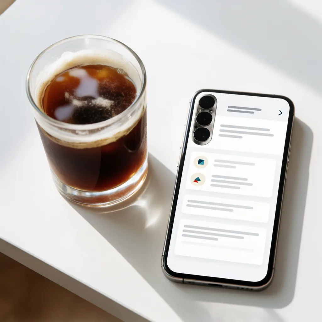 Phone lying flat on a café table beside coffee showing an app