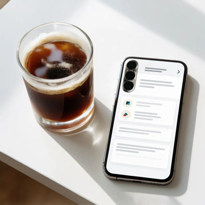 Celular deitado na mesa de um café ao lado de uma xícara mostrando um app