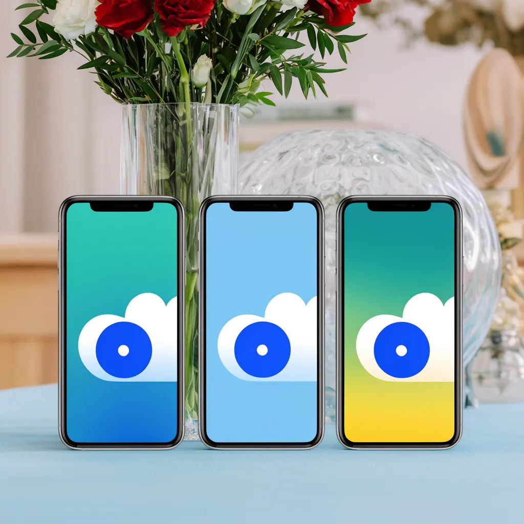 Three phones lined up showing three app screens in studio light