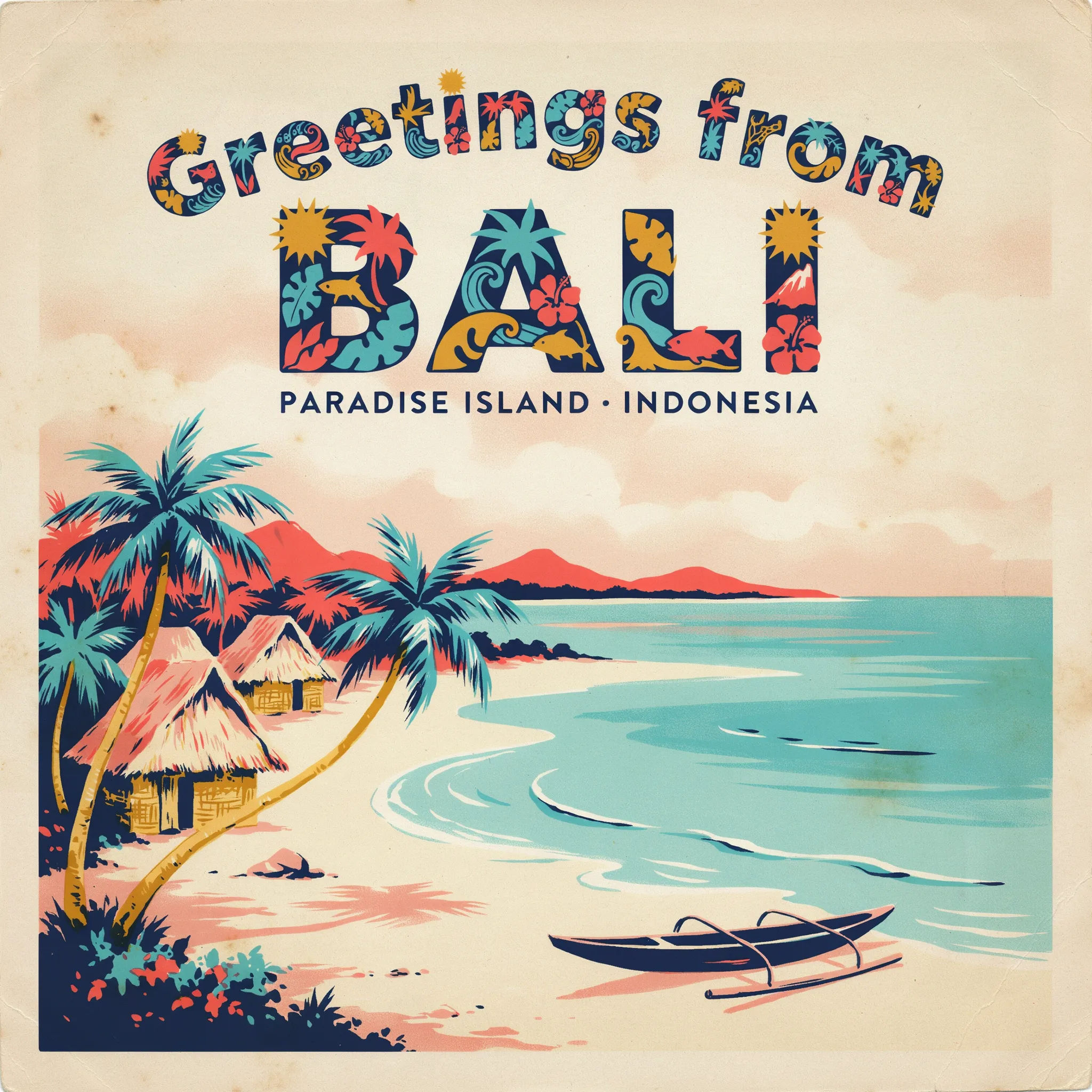 Vintage-style travel postcard front made from a beach photo with a bold title