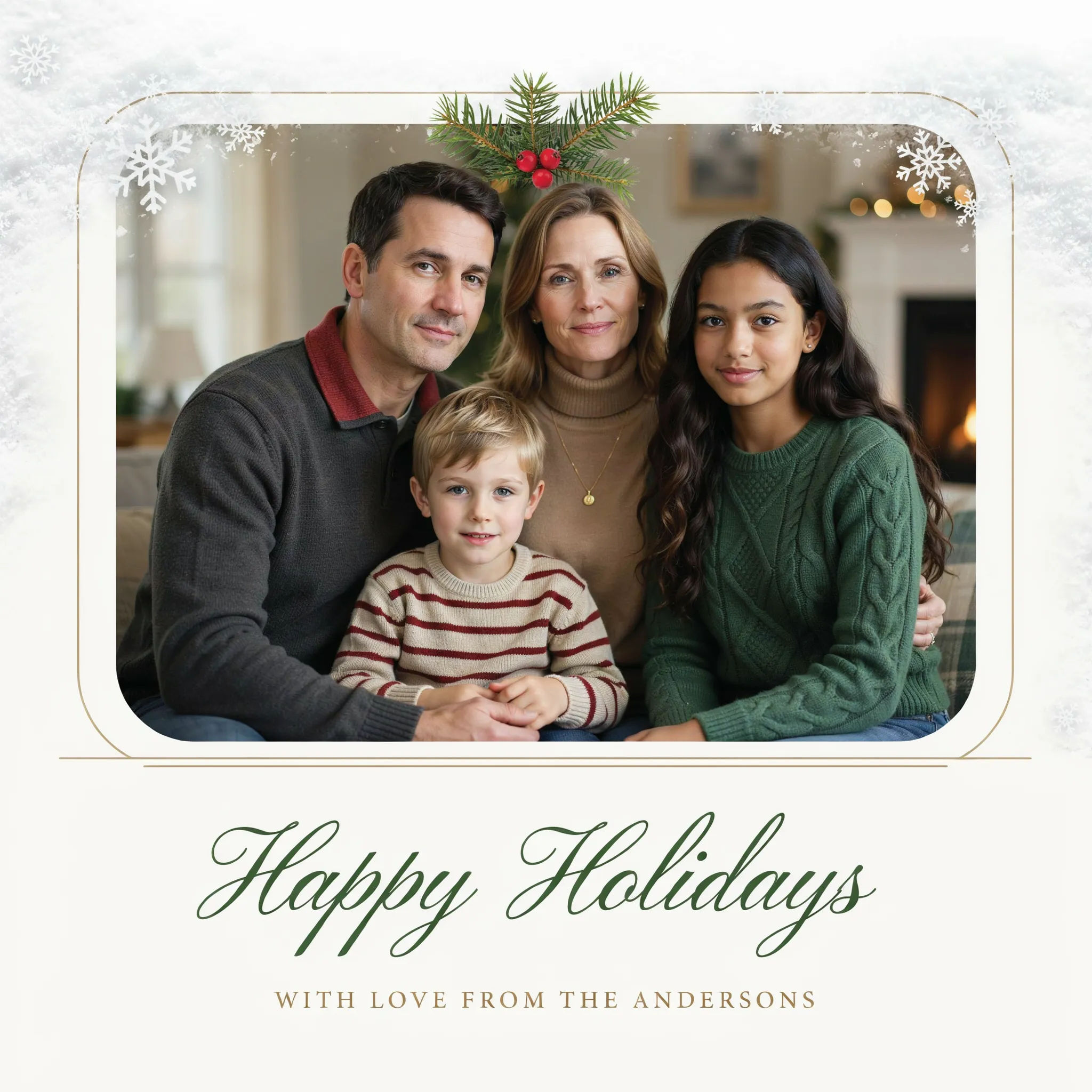 Festive holiday postcard made from a family photo with a greeting and snowy border