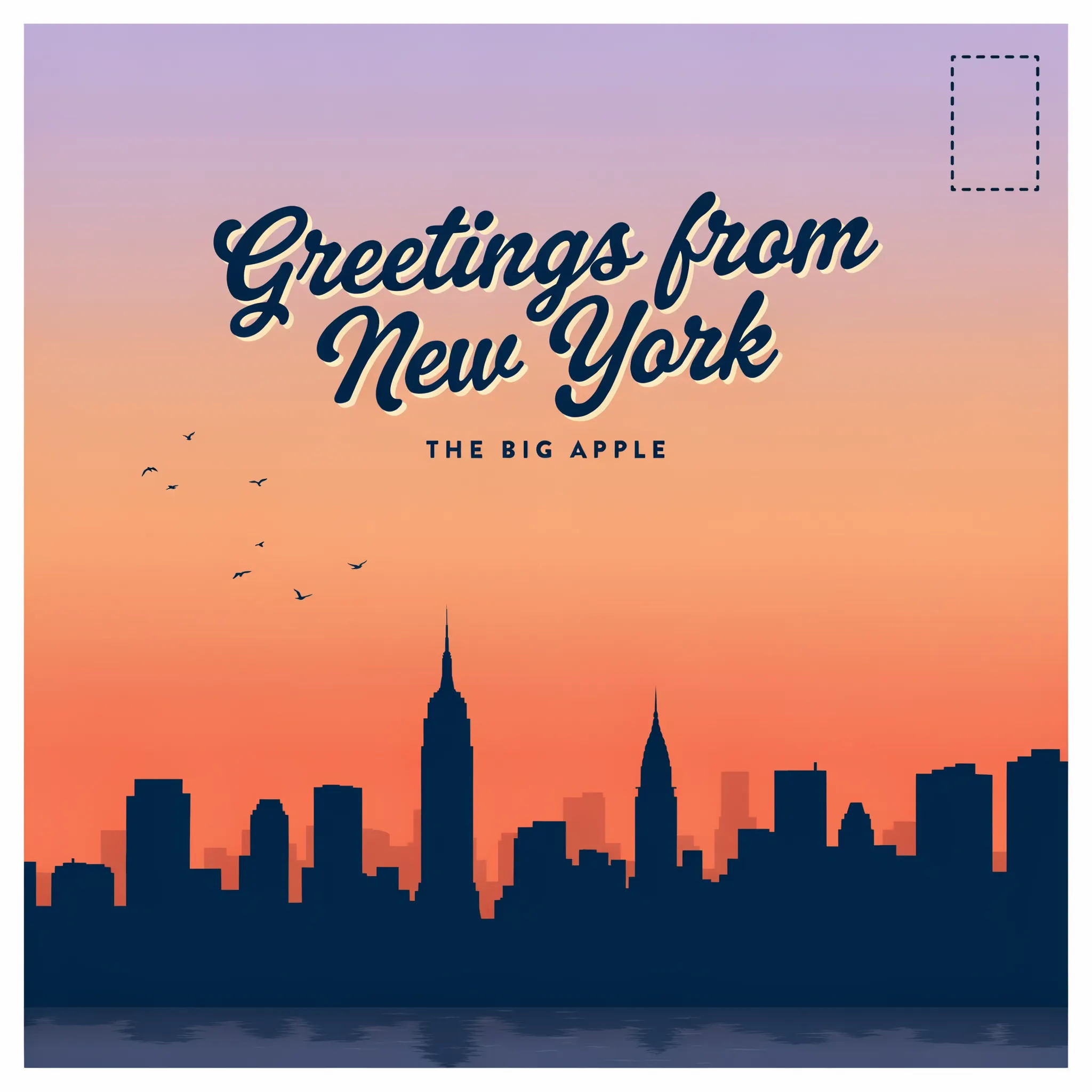 City skyline postcard front with a bright greeting headline