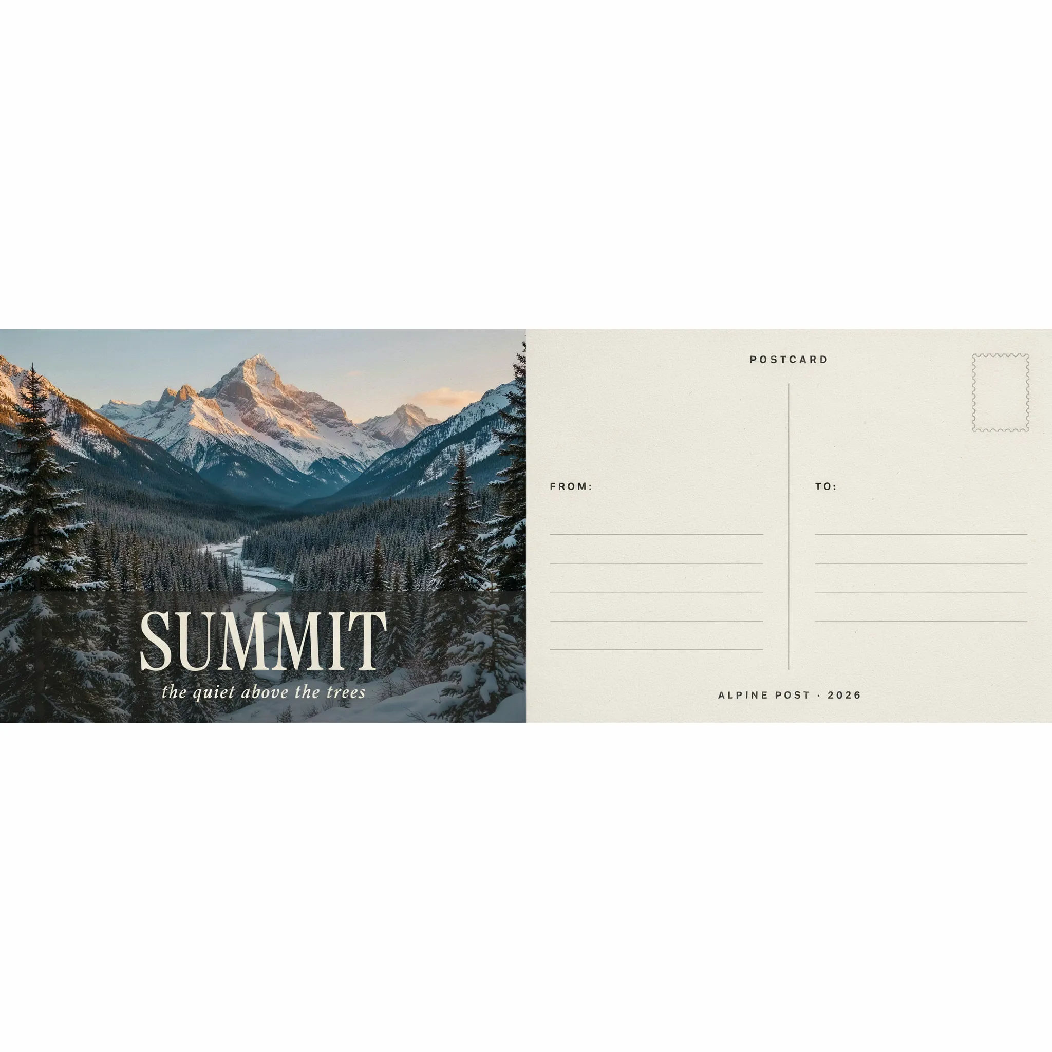 Matching front and back of a mountain-photo postcard, sized for print