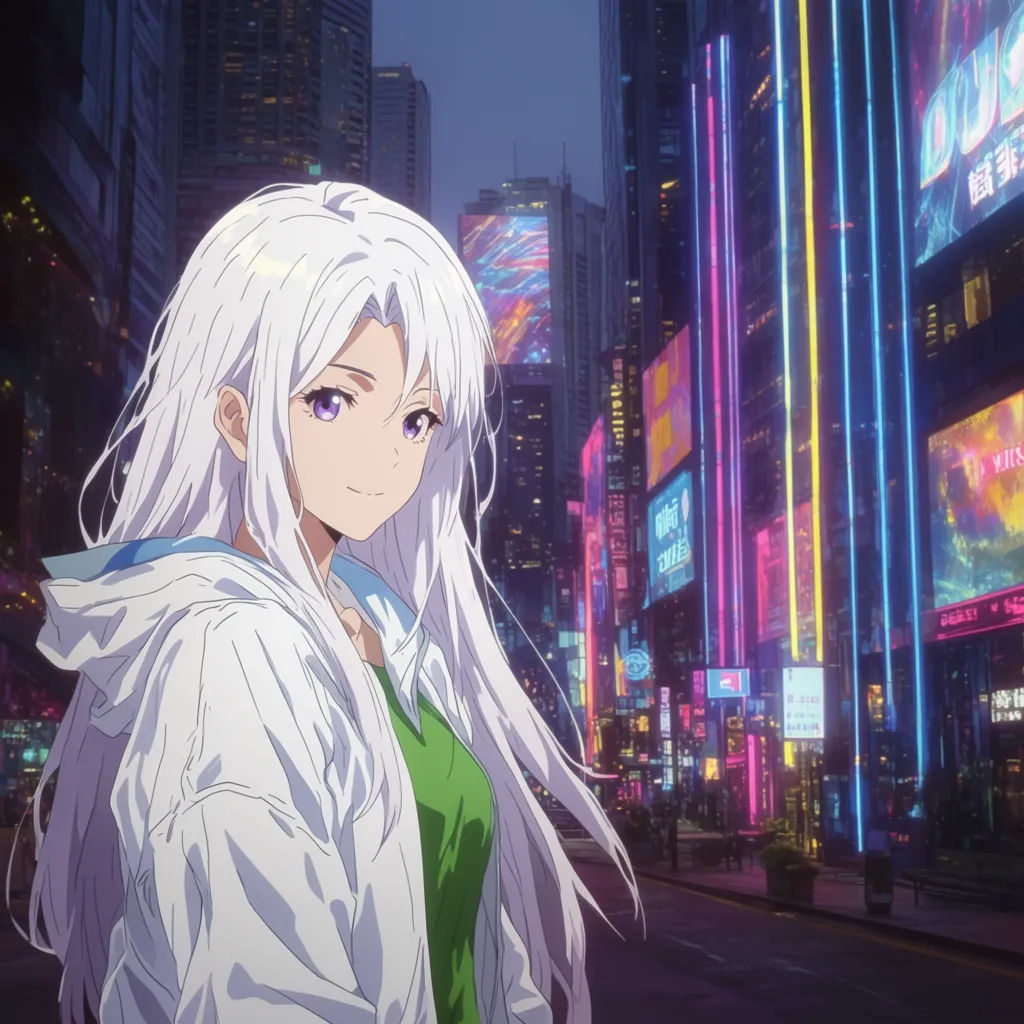 Anime portrait set against a neon city street at dusk
