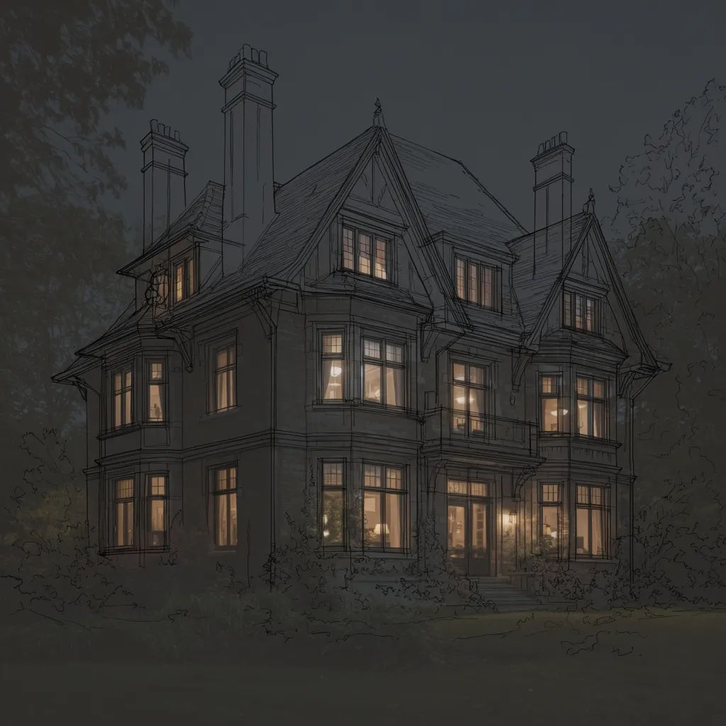 House photo drawn as a precise architectural line sketch