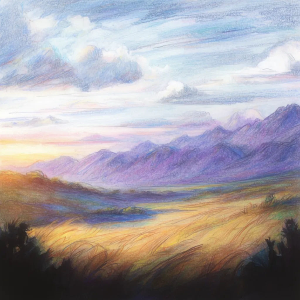 Landscape photo sketched in loose coloured pencil