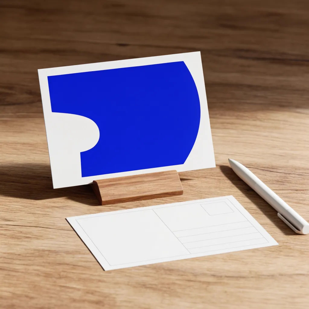 Front and back of a postcard on a wooden desk beside a pen