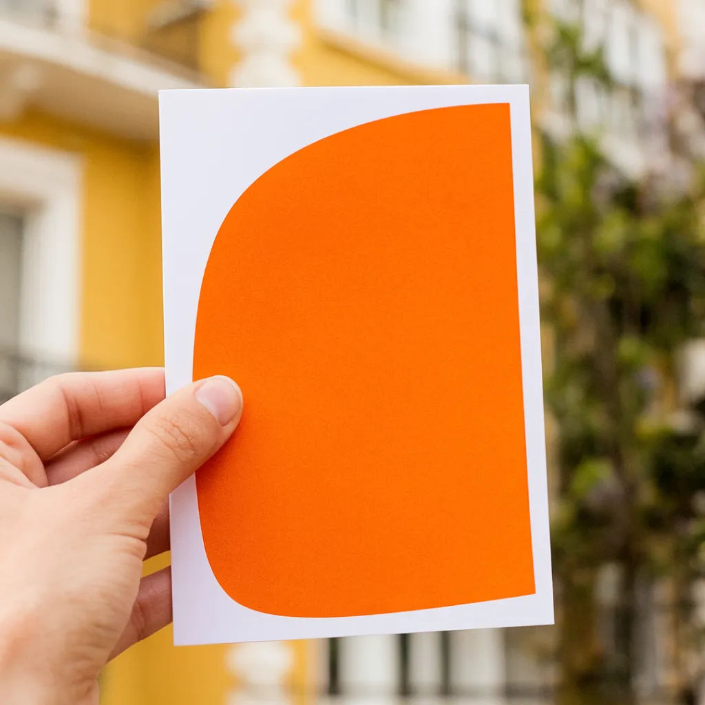 Hand holding a postcard front against a blurred travel backdrop