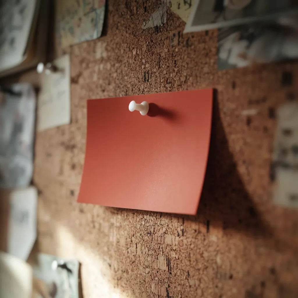 Postcard pinned to a cork board among notes in soft light