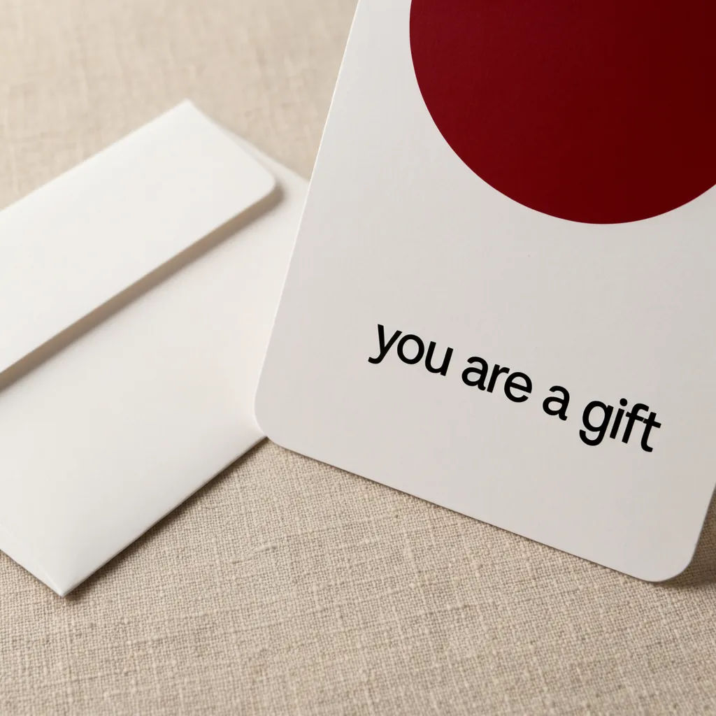 Greeting card with rounded corners leaning on an envelope on linen