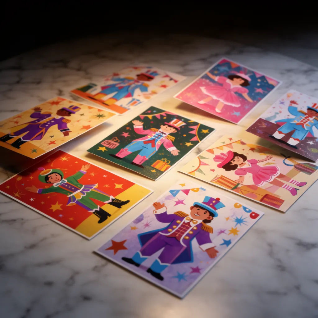 Several postcards scattered on a marble table in daylight