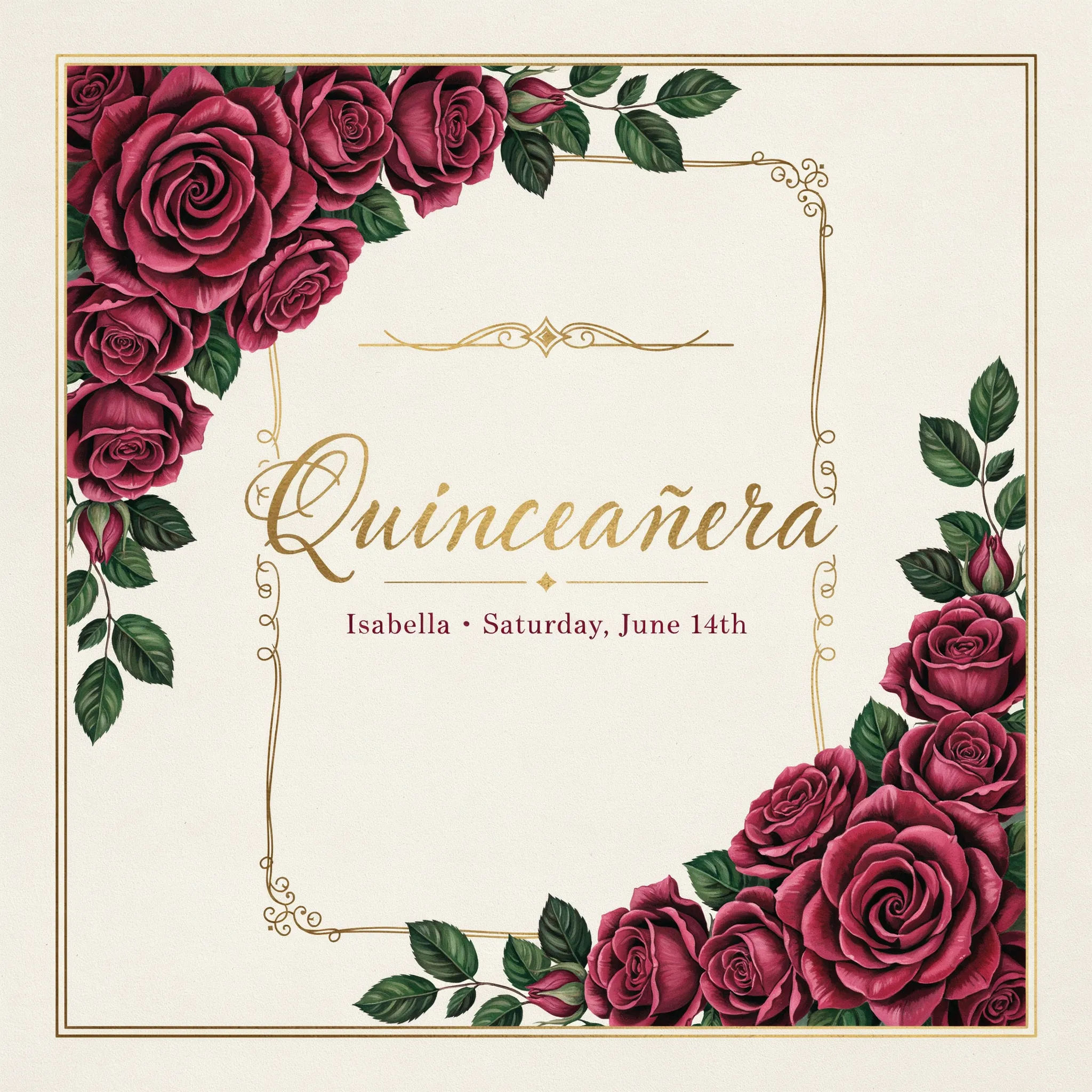 Burgundy rose quinceanera invitation with gold foil accents