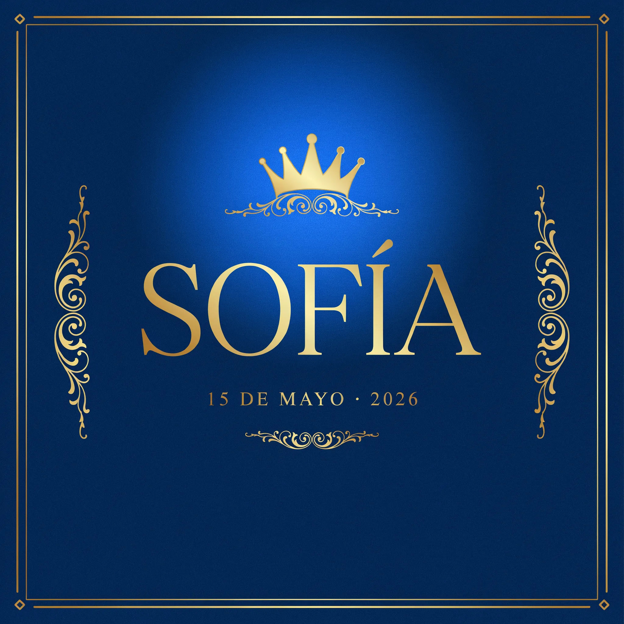 Royal blue and gold quinceanera invitation with a crown motif
