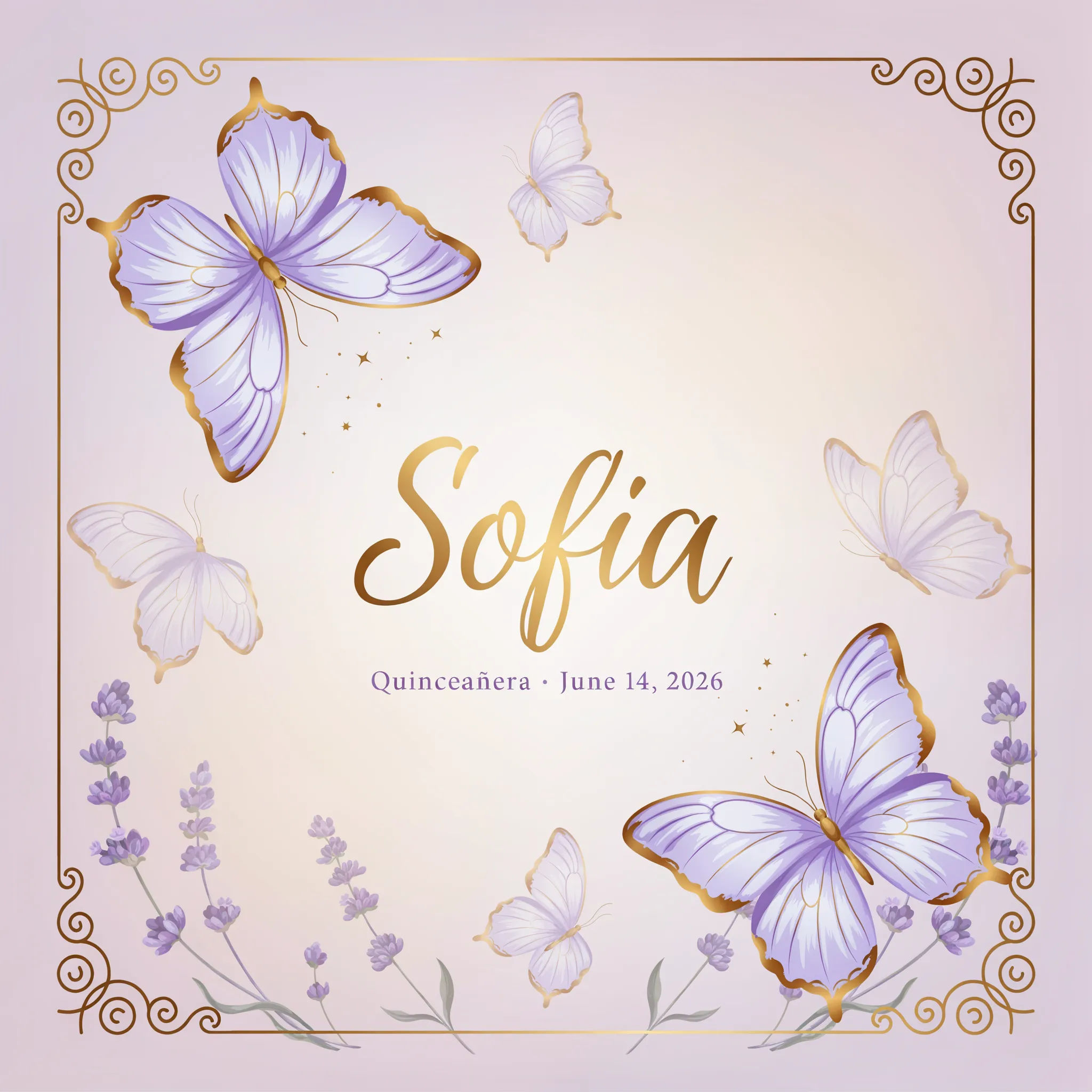 Lavender and gold butterfly quinceanera invitation