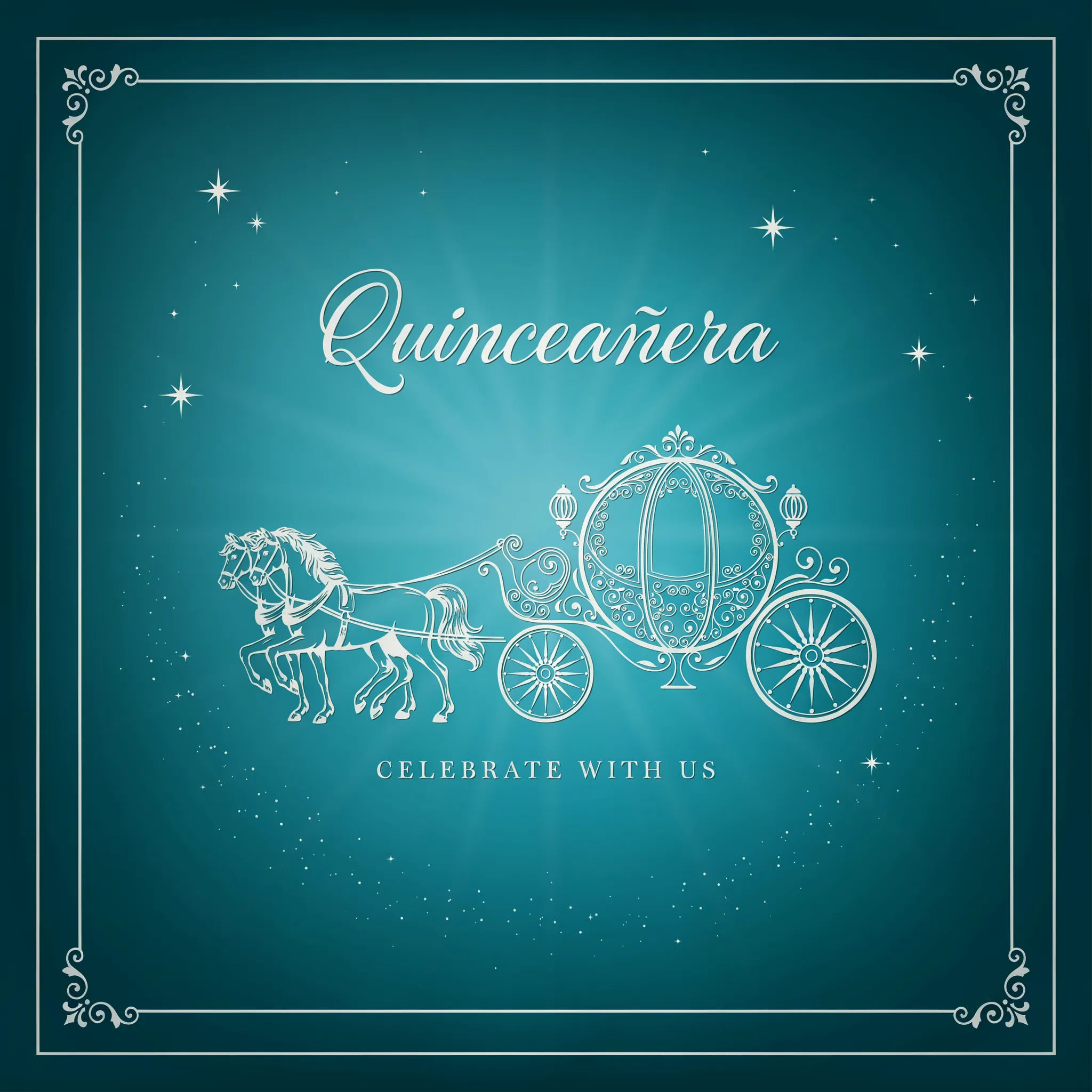 Fairytale carriage quinceanera invitation in teal and silver