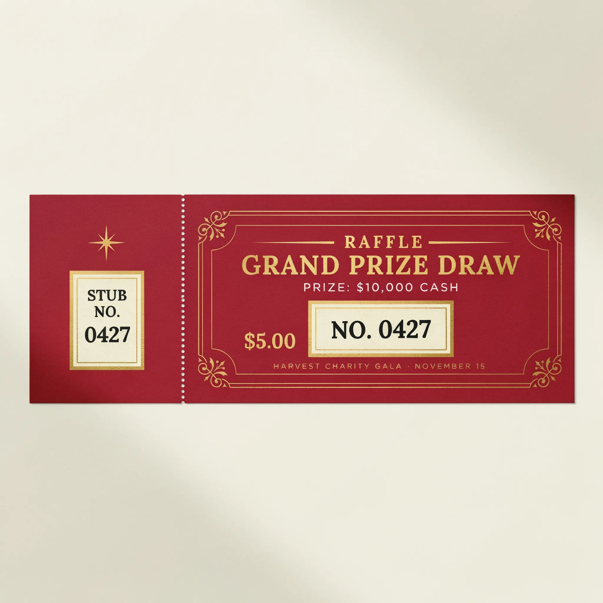 Charity raffle ticket with tear-off stub and number boxes in red and gold