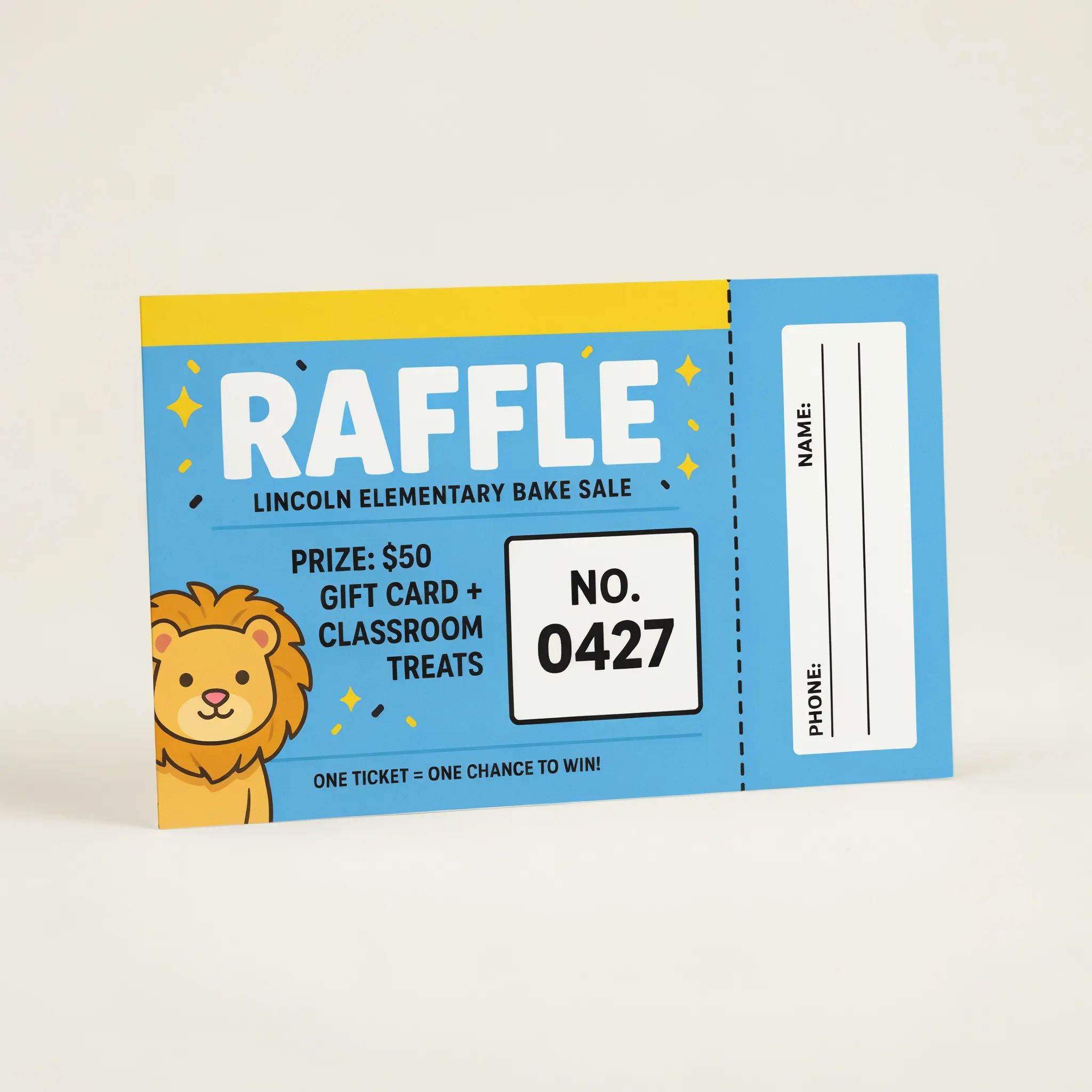 School fundraiser raffle ticket in blue and yellow with stub and number box