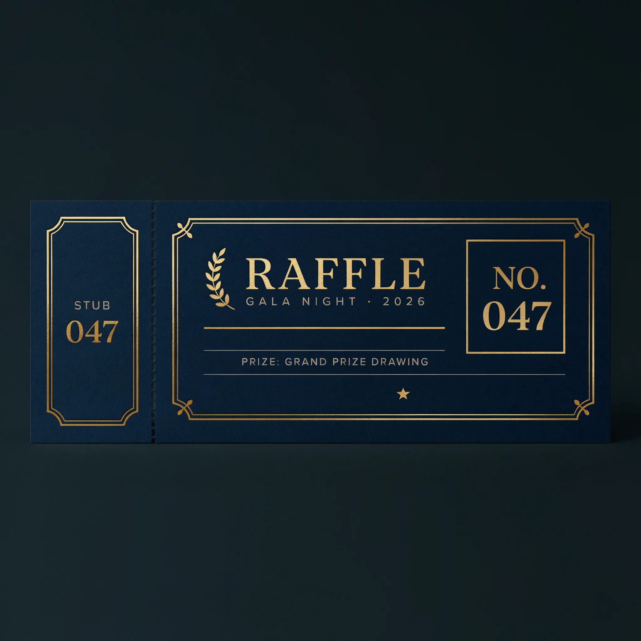 Elegant gala raffle ticket in navy and gold with number box