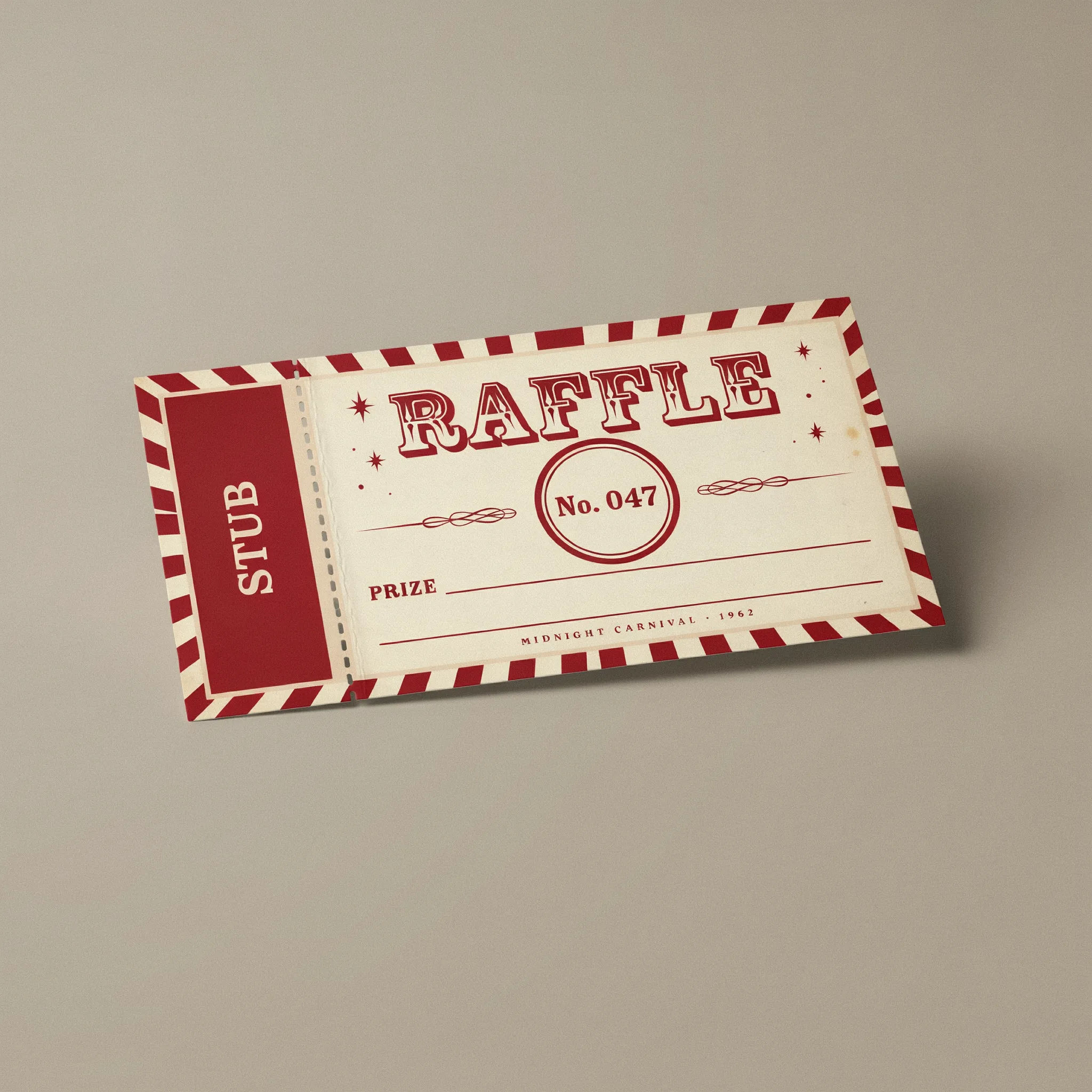 Retro carnival raffle ticket in red and cream with vintage type and stub