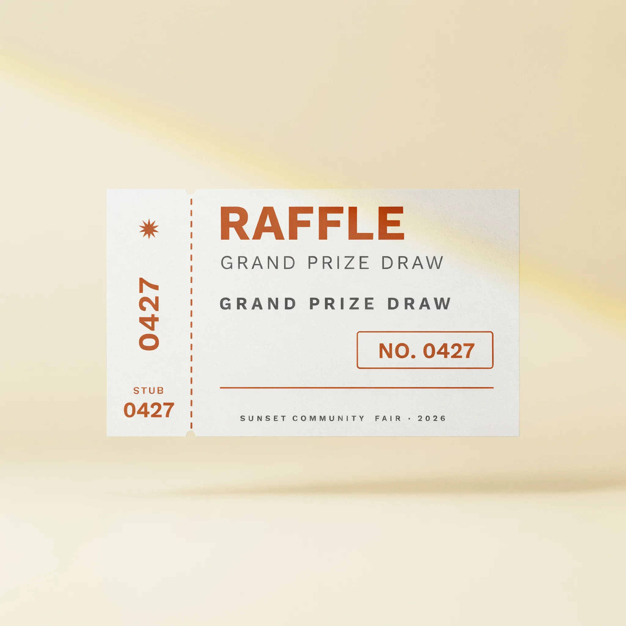 Bold modern raffle ticket in white with a single accent color and stub