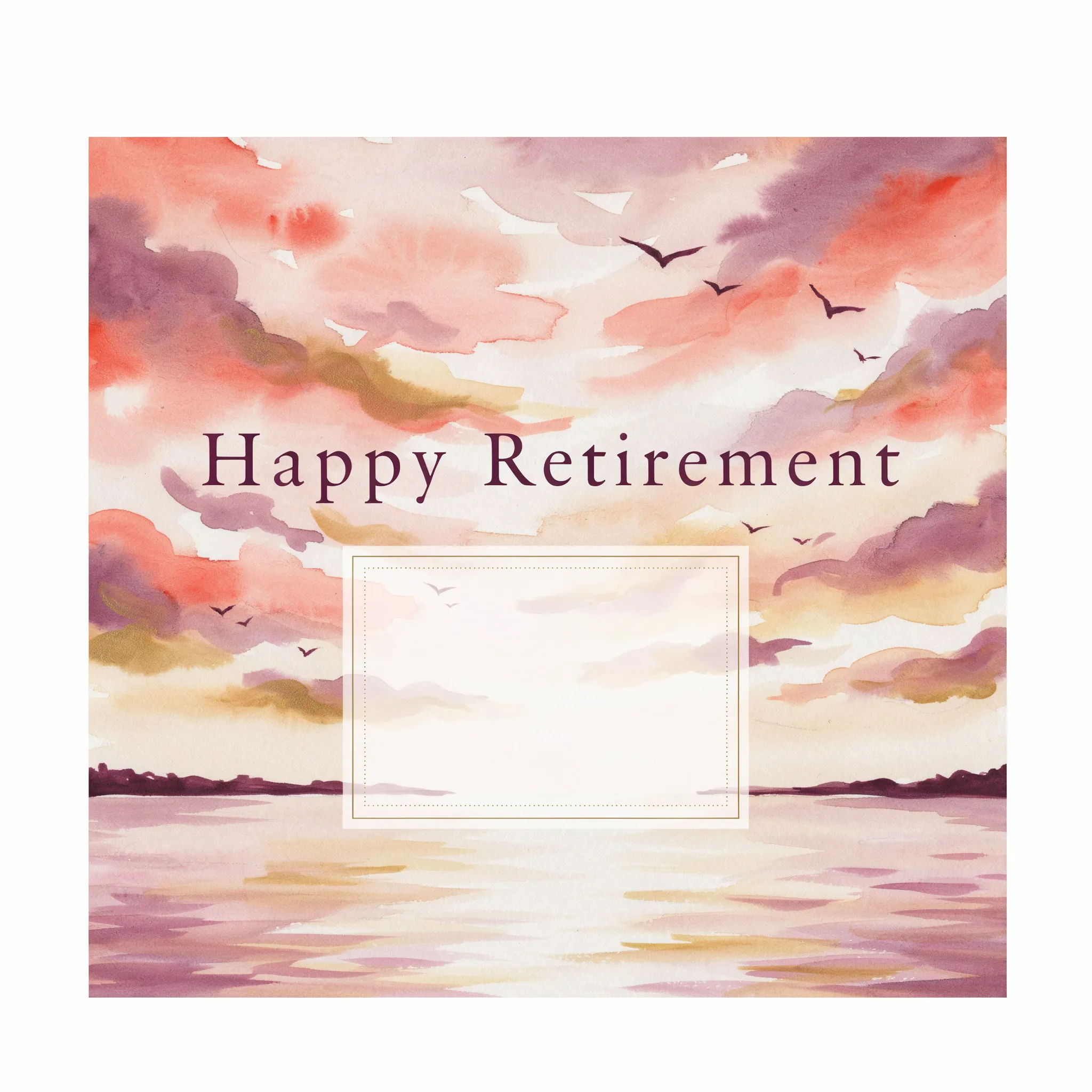 Retirement card with a watercolor sunset and an elegant Happy Retirement greeting