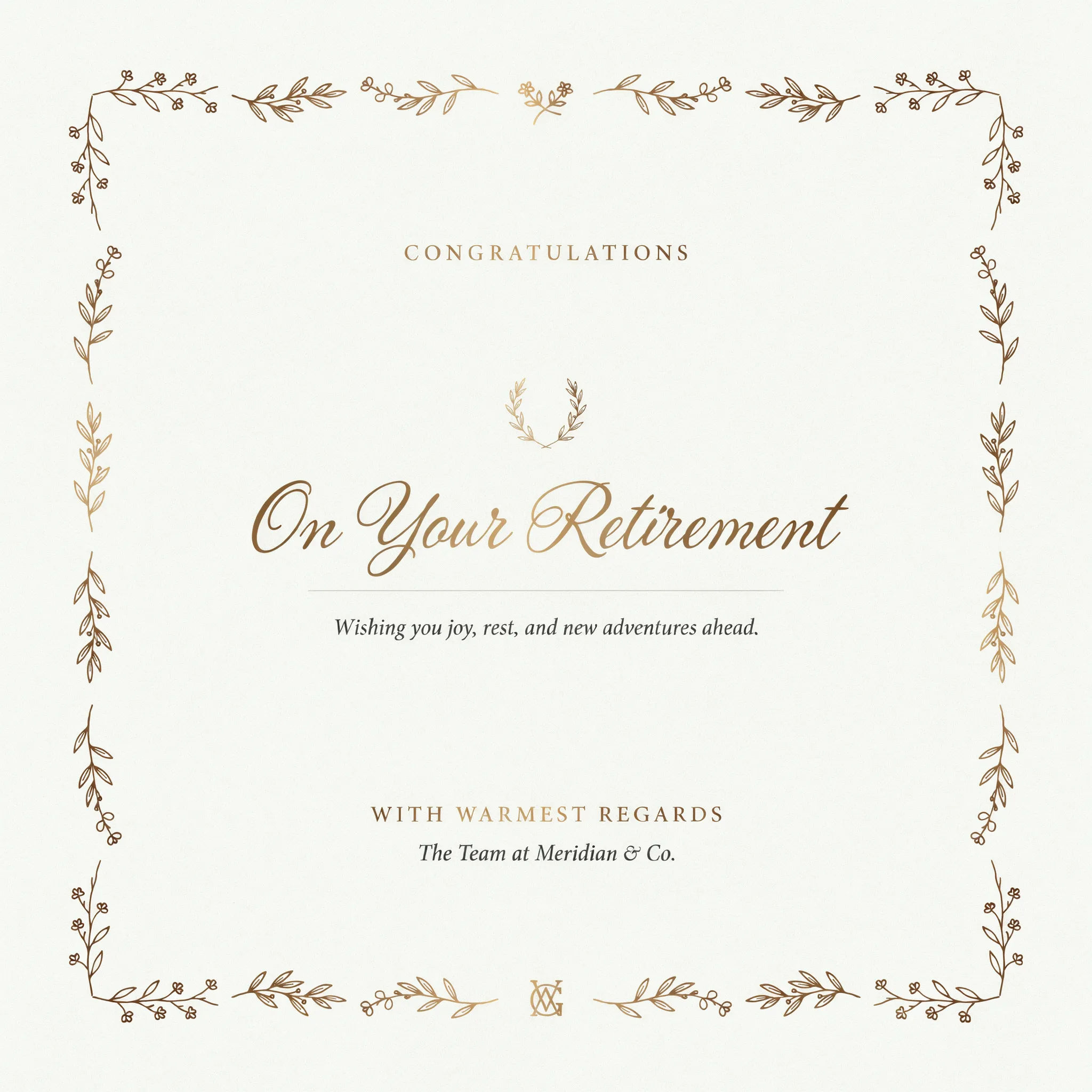 Refined cream retirement card with gold foil-style lettering and a botanical border