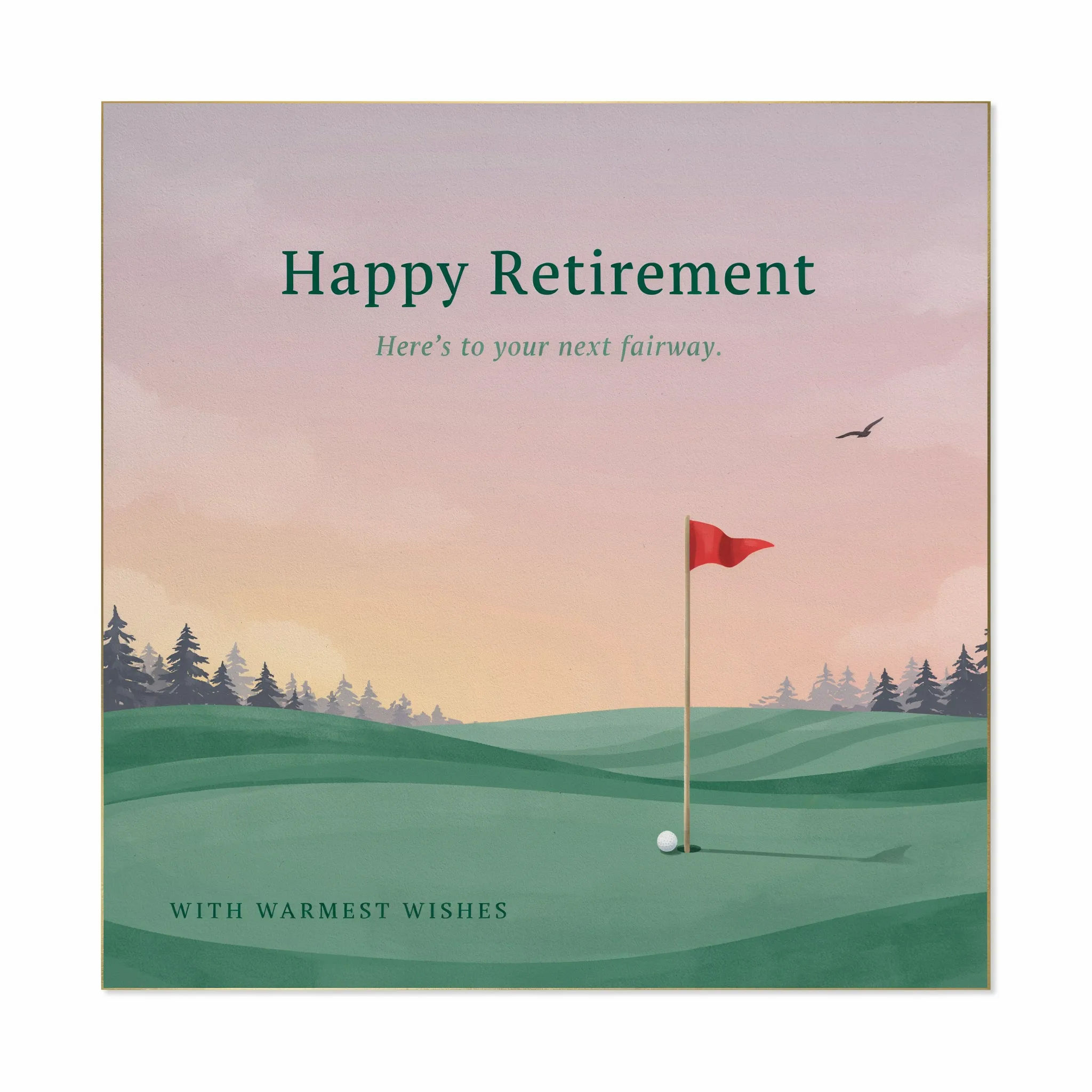 Golf-themed retirement card with an illustrated green and flag at sunset