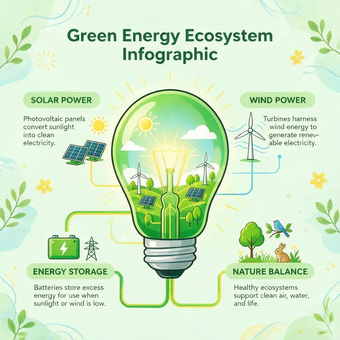 Green-energy infographic with a light-bulb ecosystem diagram and labeled sections