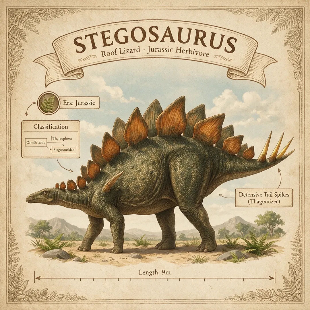 Labeled Stegosaurus infographic showing classification, era, and size