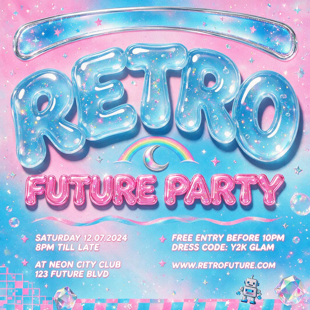 Y2K event poster with translucent jelly typography