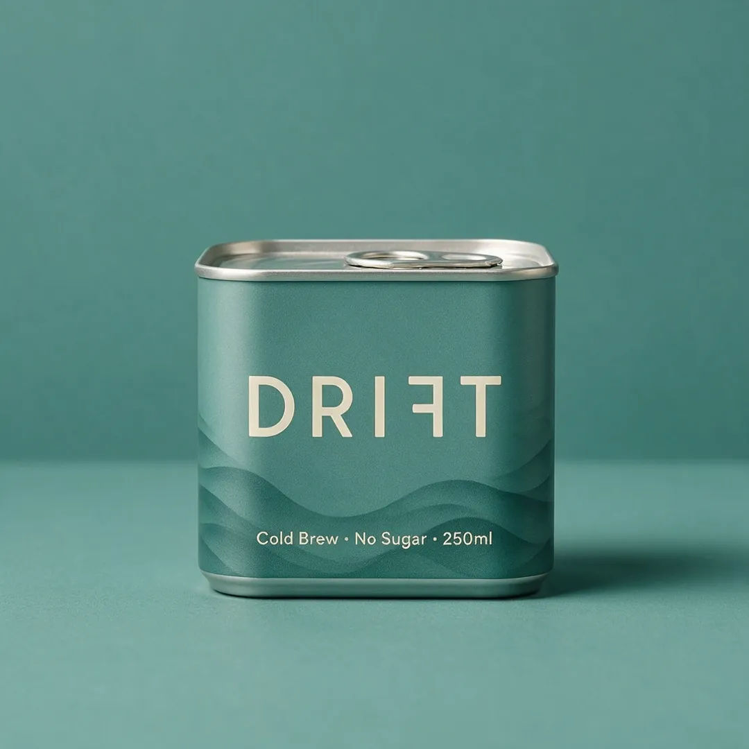 Cold-brew can label with minimal typography and legible small text