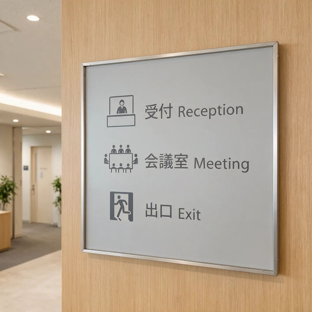 Wayfinding sign set in Japanese and English with a consistent icon system