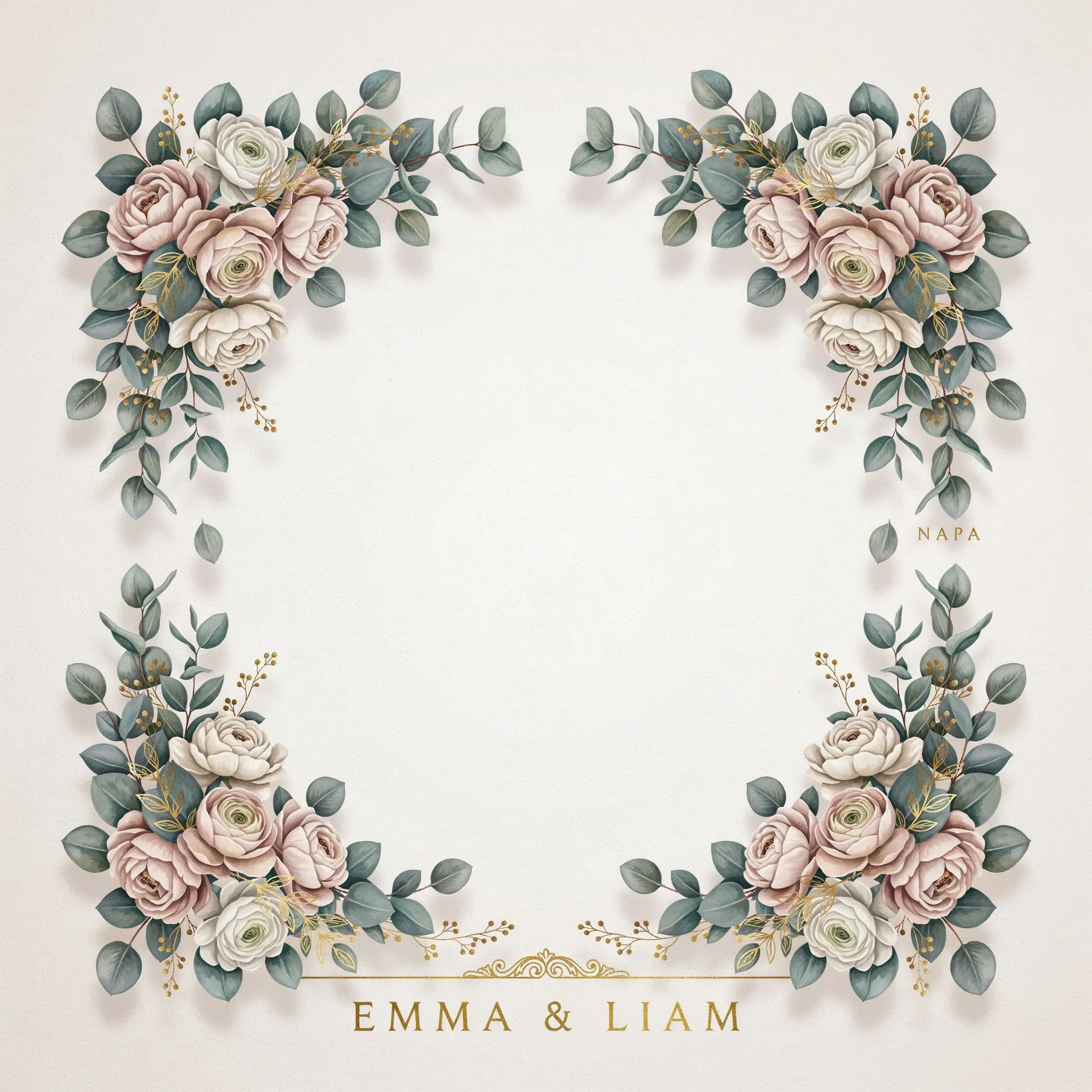 Wedding geofilter with corner florals and the couple's names, clear centre