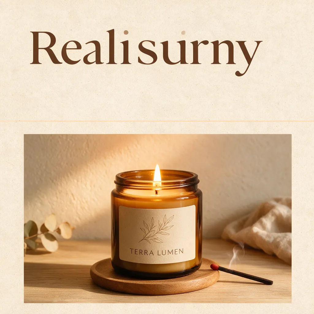 Minimal product promo tile for a candle brand in a warm palette