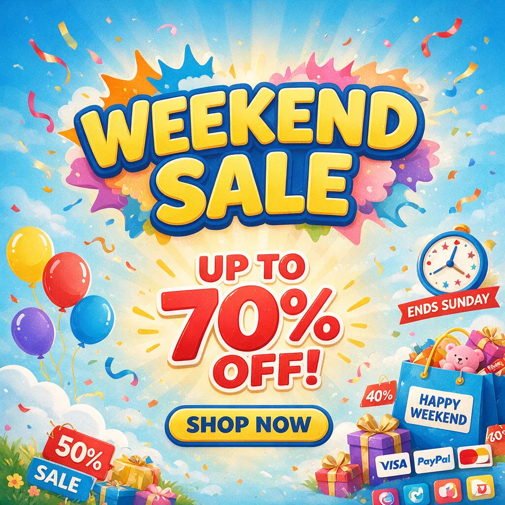 Bright weekend sale banner with playful shapes and a discount headline