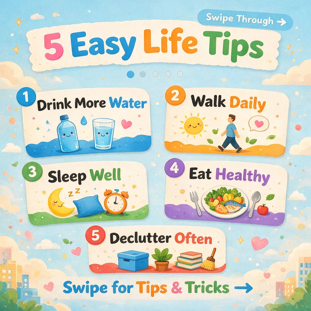 Five tips carousel cover with a numbered layout and friendly icons