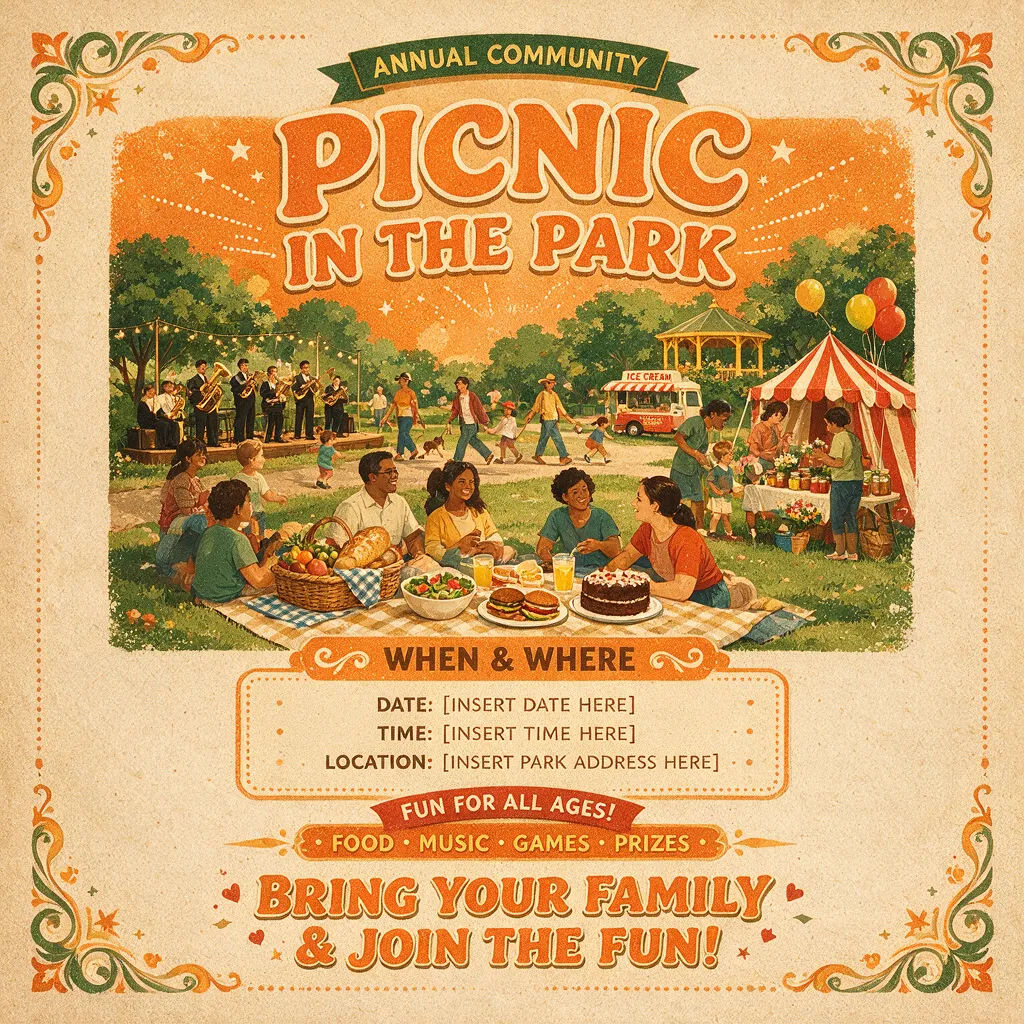 Community event flyer in a retro poster style with date and venue space