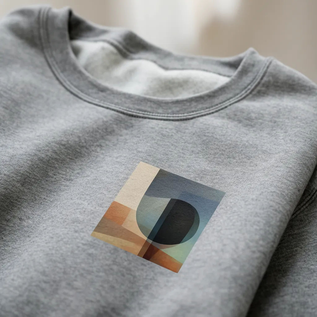 Model wearing a heather-grey crewneck printed with the uploaded design