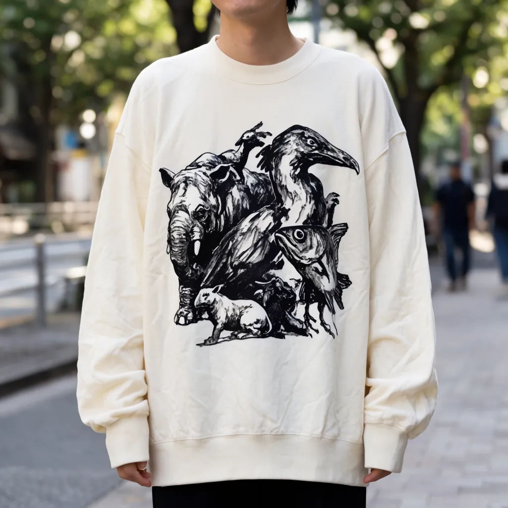 Person on a street in an oversized cream sweatshirt with the uploaded print