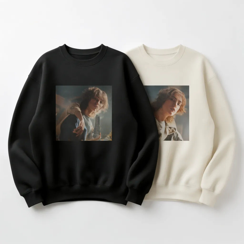 Black and cream sweatshirts with the same print side by side in a studio