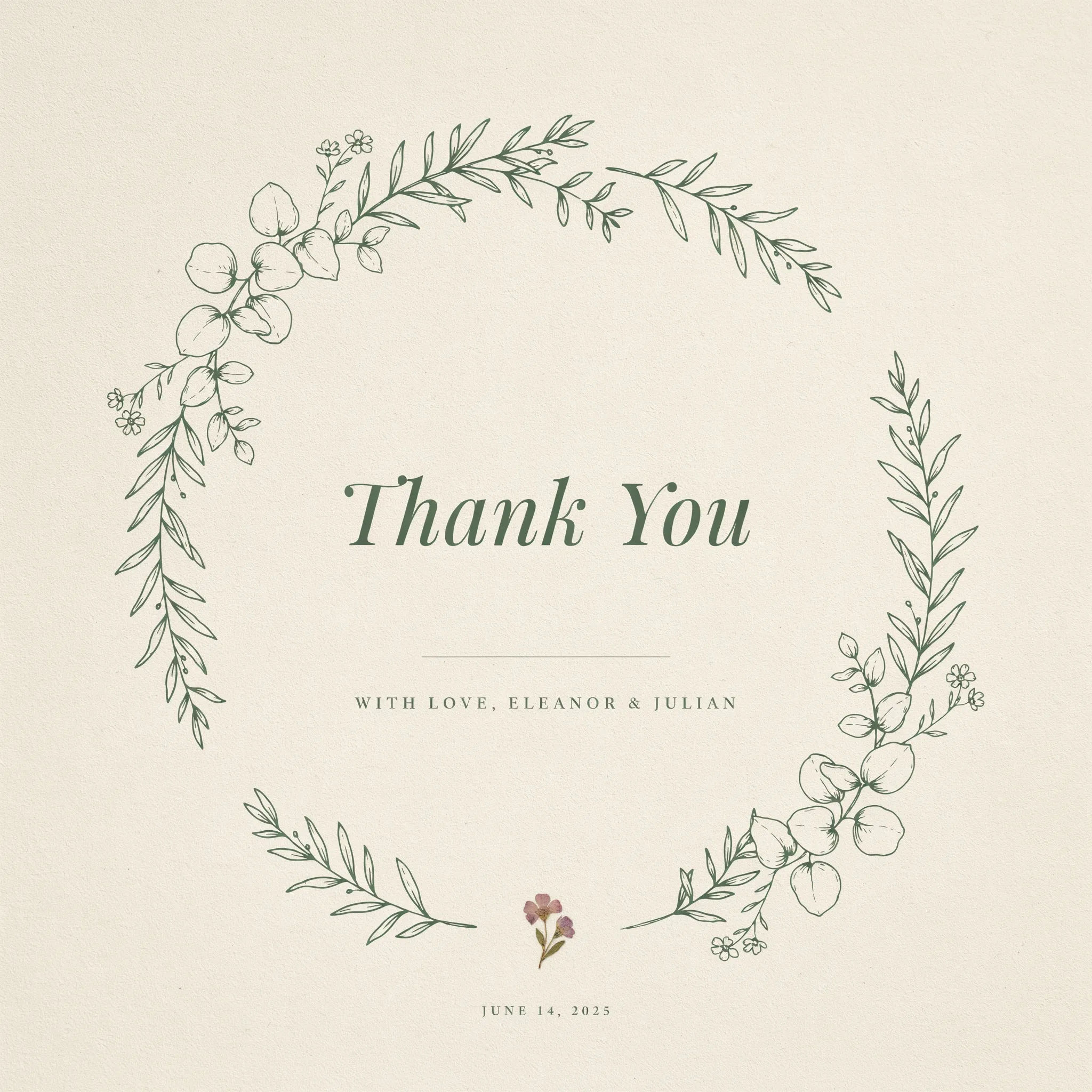 Wedding thank you card with botanical line art in sage on cream