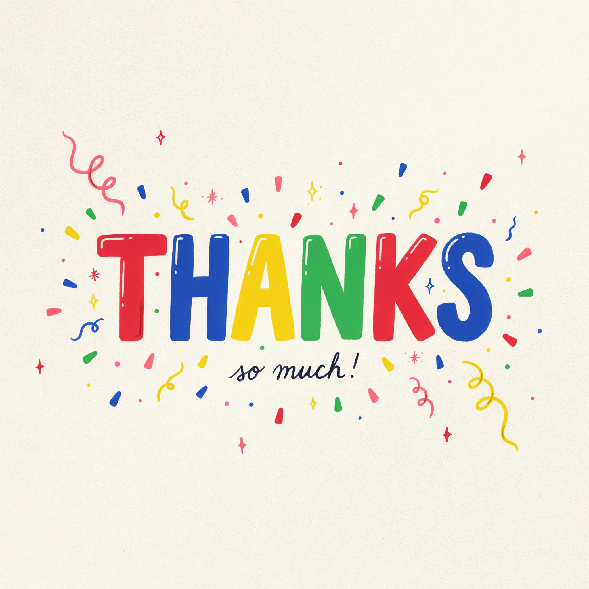 Playful thank you card with bold Thanks and confetti in bright colors